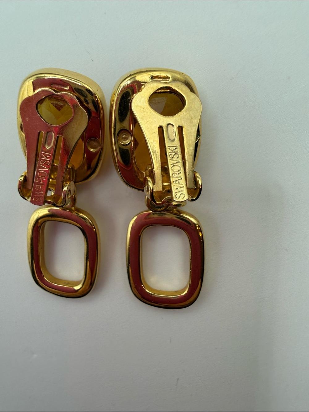 Authentic signed Swarovski Gold-Tone Amber Drop clip on Earrings - Picture 3 of 4